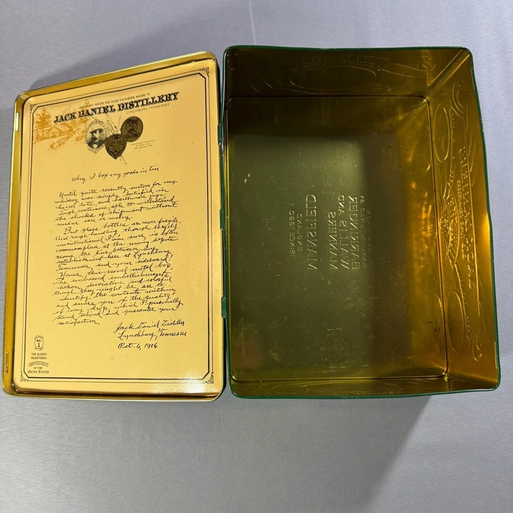 Vintage Jack Daniels Old No 7 Tennessee Whiskey Collectible Metal Tin Green Gold